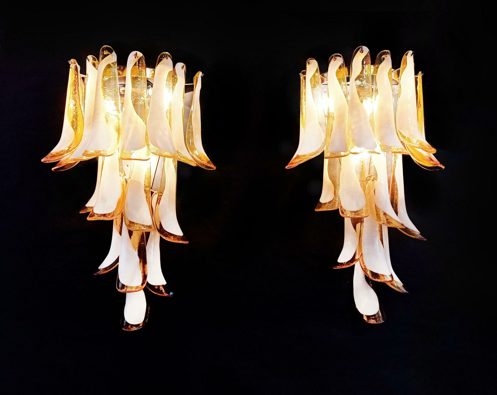 photo for sale Pair Of Vintage Italian Murano Wall Lights   16 Caramel And Lattimo Glass Petals