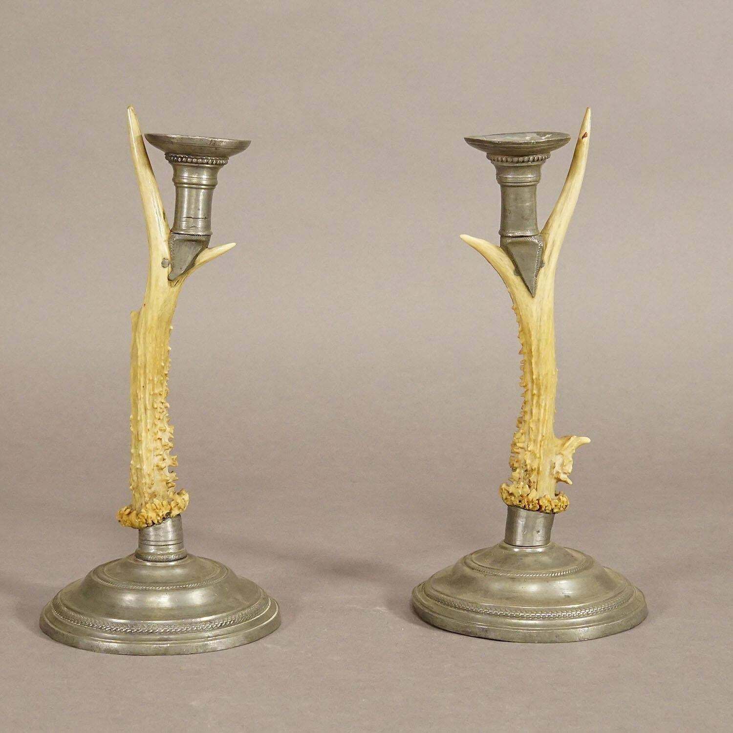 A Pair Black Forest Candle Holders With Pewter Base And Spout, Germany Ca. 1860s photo for sale