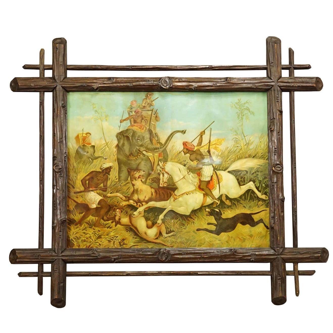 Antieke Oleodruk Met Dramatische Tijgerjachtscène In India, 19e Eeuw photo furniture