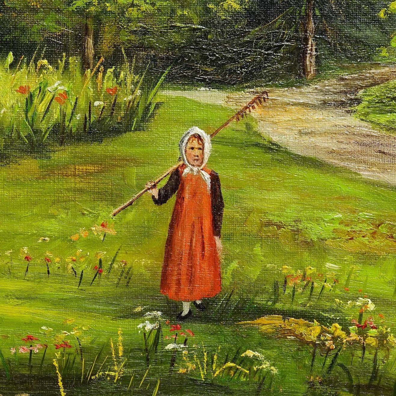 Antiek Olieverfschilderij Boerenmeisje Op Een Bloemenveld, Door M. E. Ummenhofer photo 1118.0
