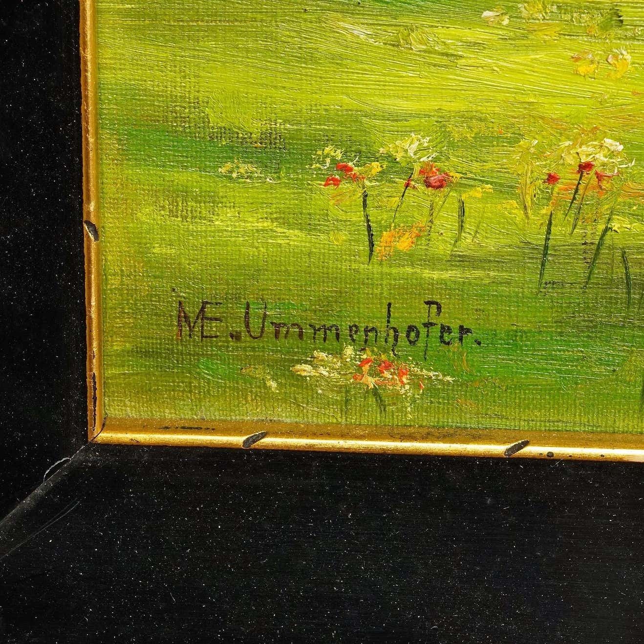Antiek Olieverfschilderij Boerenmeisje Op Een Bloemenveld, Door M. E. Ummenhofer photo vinterior