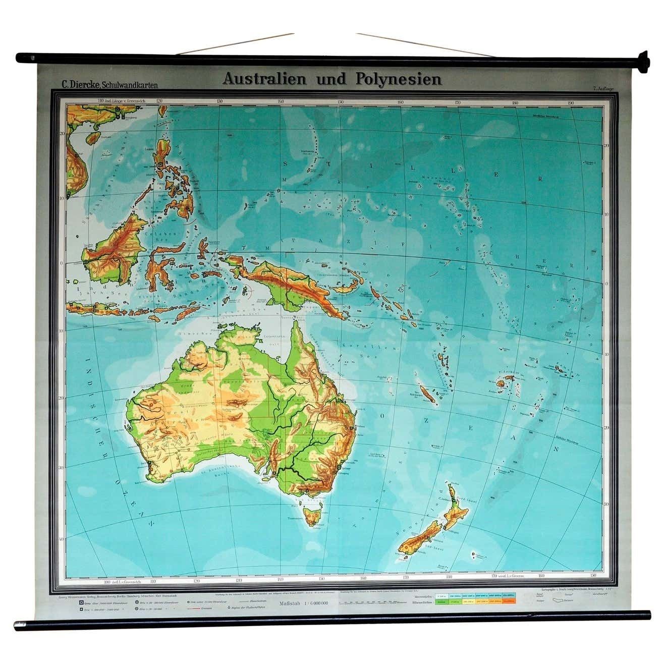 Map Mural Rollable Poster Vintage Wall Chart Australia New Zealand Polynesia