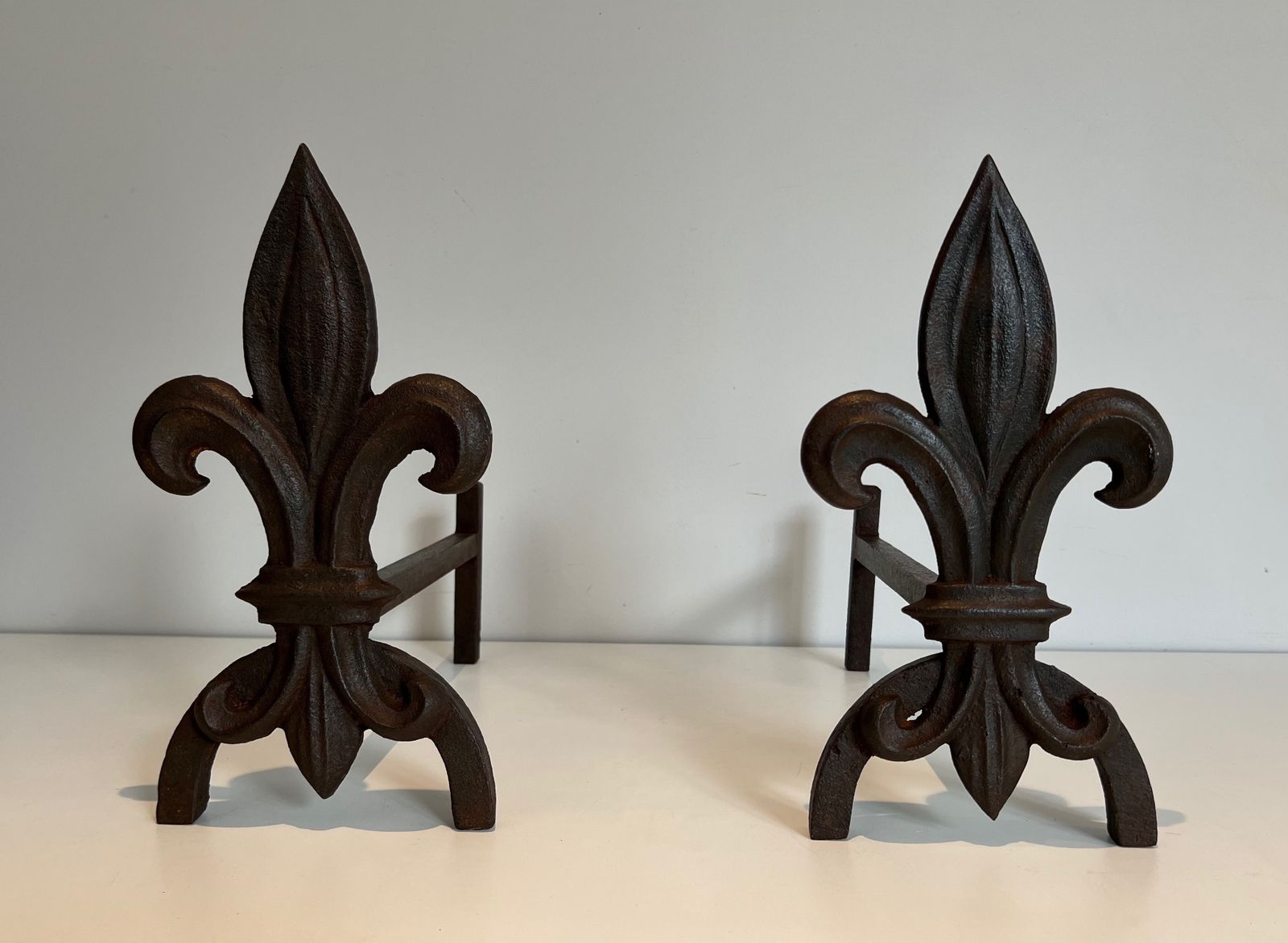 Pair Of Fleurs De Lys Cast Iron And Wrought Iron Andirons
