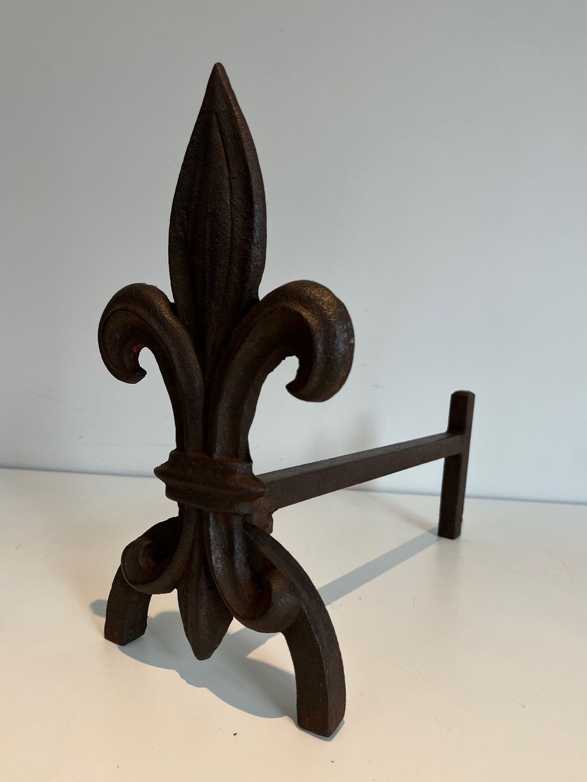 Pair Of Fleurs De Lys Cast Iron And Wrought Iron Andirons photo buy