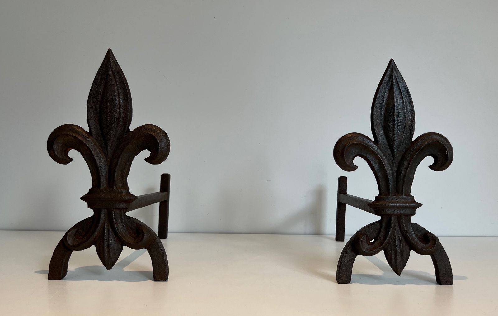 950.0 Pair Of Fleurs De Lys Cast Iron And Wrought Iron Andirons photo