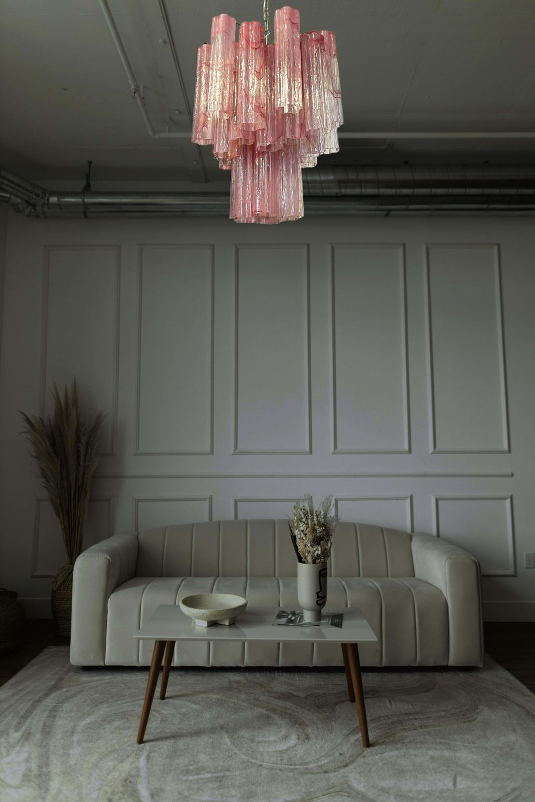 Charming Glass Tube Chandelier   30 Albaster Pink Glasses photo vintage
