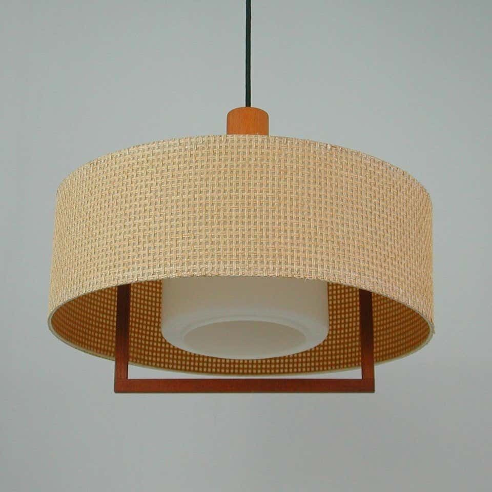 Midcentury Temde Raffia Teak And Milk Glass Pendant, Switzerland 1960s photo 1656.0