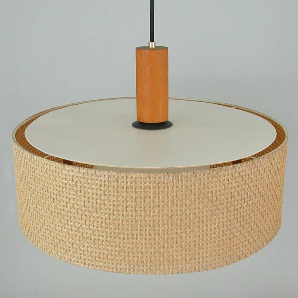 photo furniture Midcentury Temde Raffia Teak And Milk Glass Pendant, Switzerland 1960s