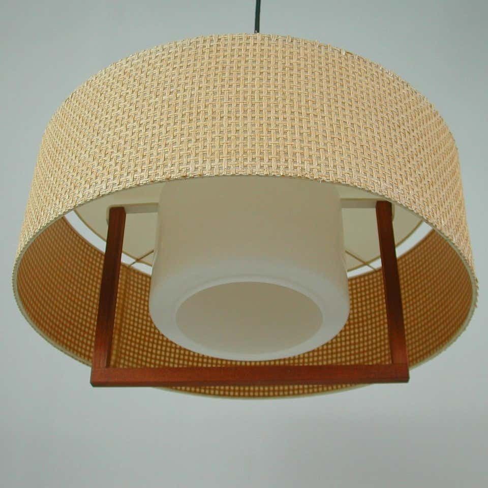 photo vinterior Midcentury Temde Raffia Teak And Milk Glass Pendant, Switzerland 1960s