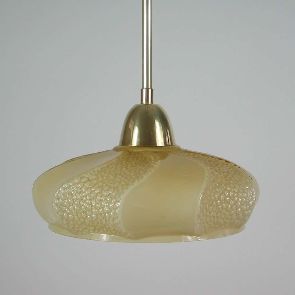 French Art Deco Ivory Colored Opaline Glass Brass Pendants, 1940s, Set Of 2 photo vintage