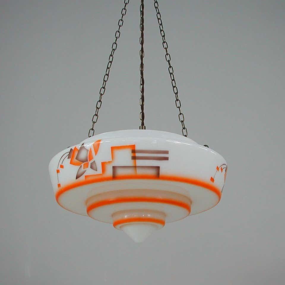 German Art Deco Suspension Light, Enameled Glass And Brass, 1930s photo 1388.0