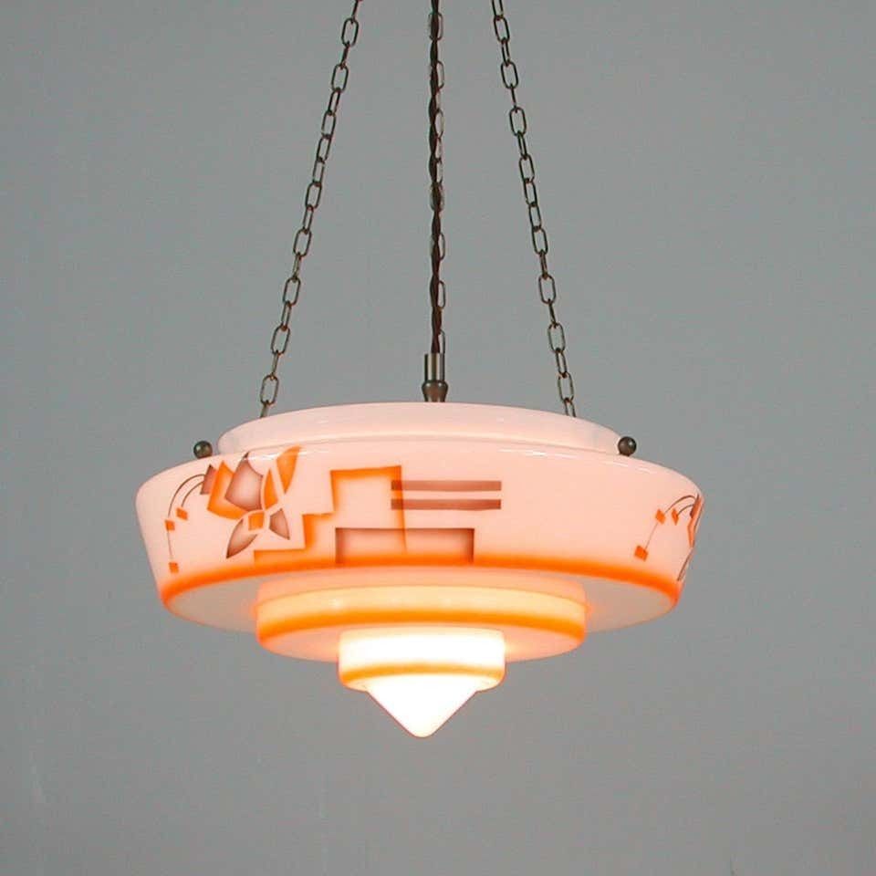 German Art Deco Suspension Light, Enameled Glass And Brass, 1930s photo vinterior