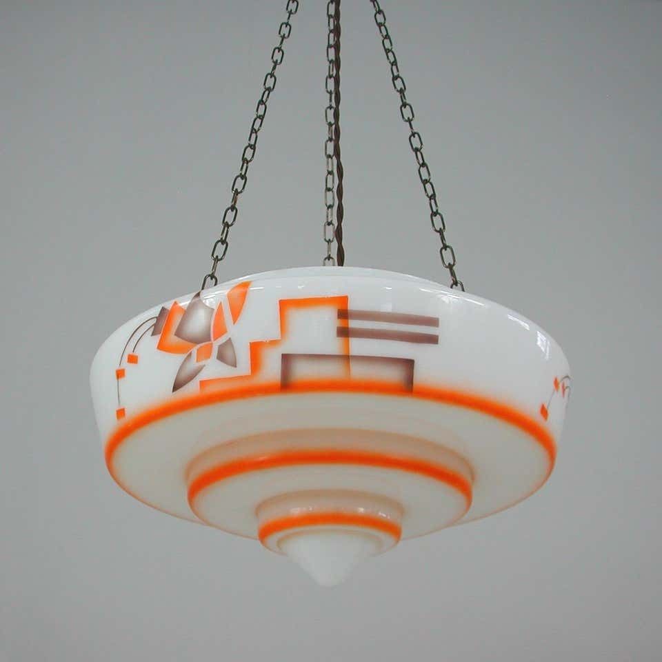 German Art Deco Suspension Light, Enameled Glass And Brass, 1930s photo buy
