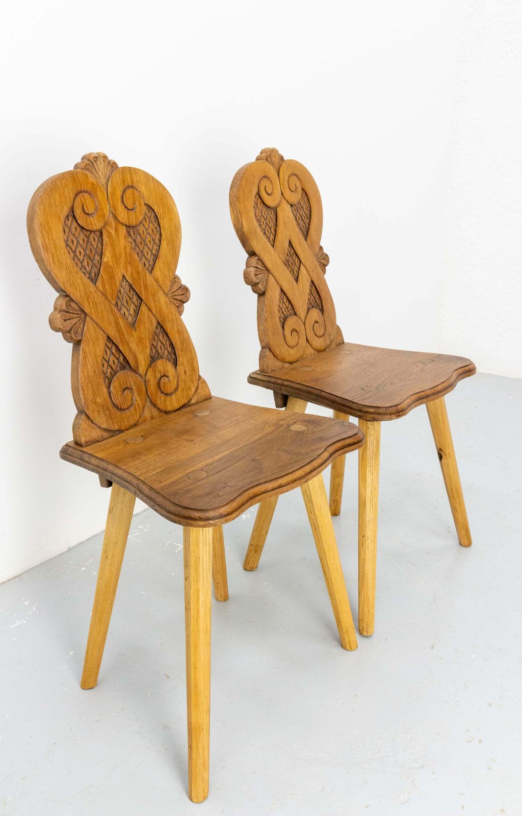 Pair Dining Chairs Swiss Alp Escabelles Oak Brutalist Style, French, Late 19th C photo Furniture