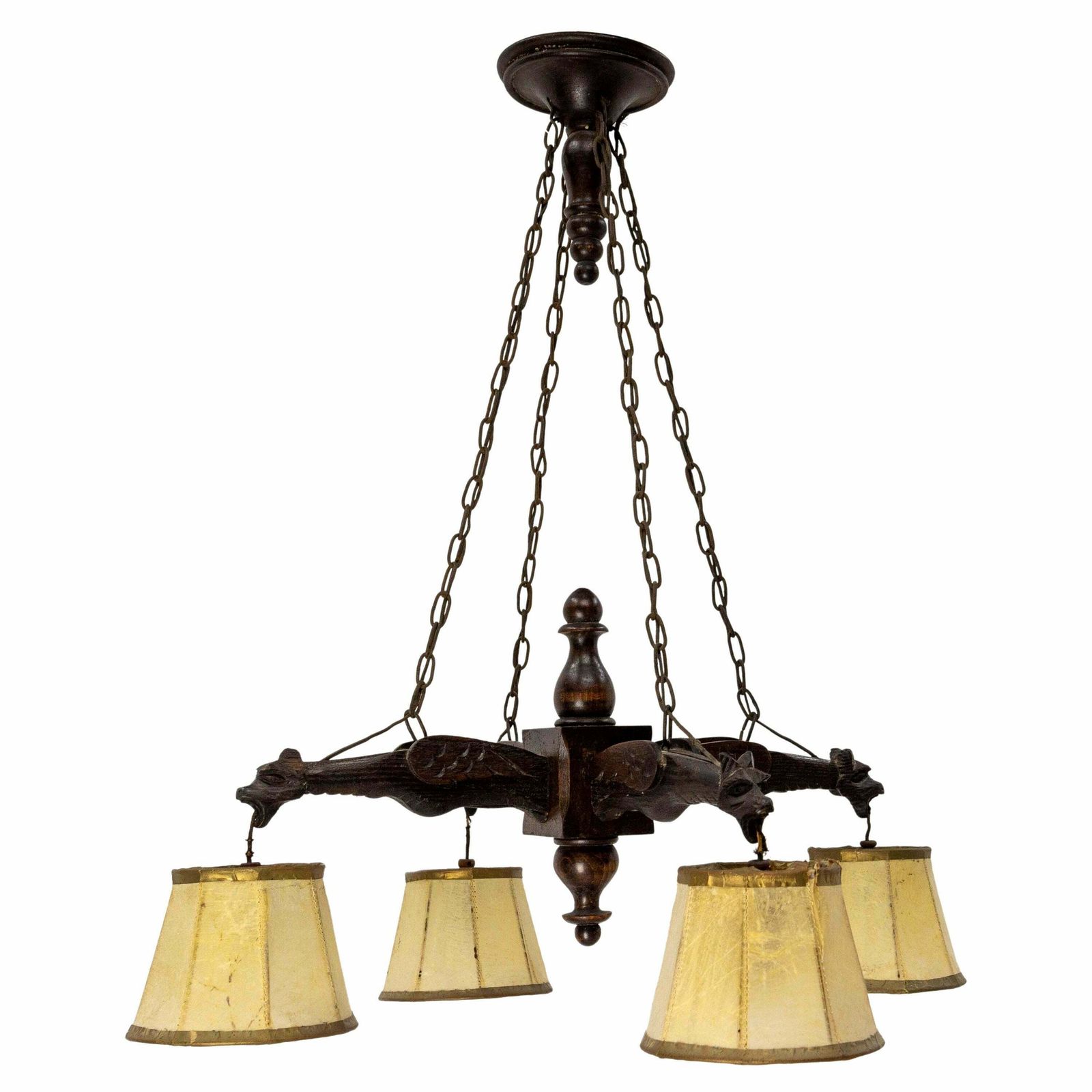 French Wood Lamp Four Gothic Gargouille Art Nouveau Style Pendant Lustre C. 1920