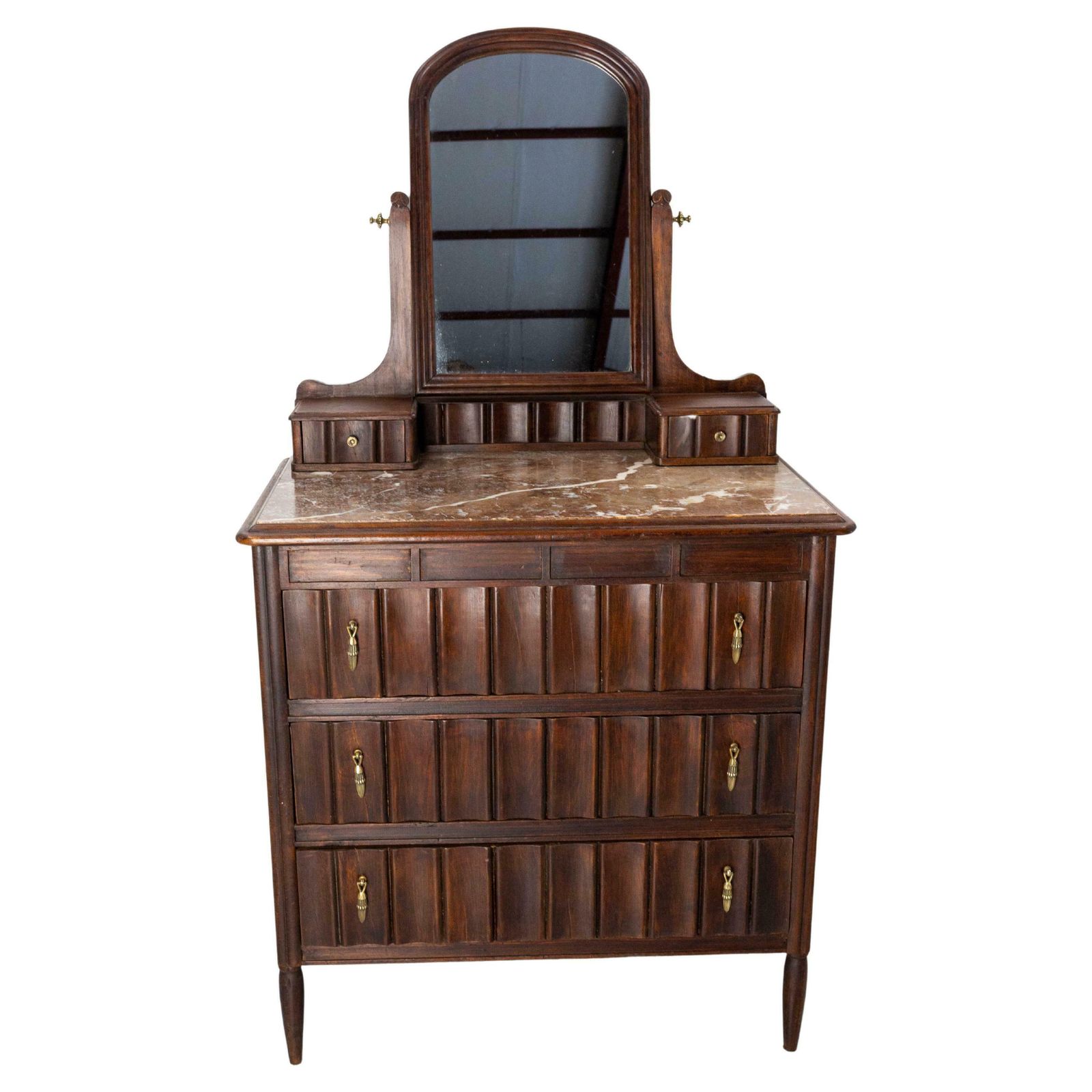 French Art Deco Dressing Table Vanity Unit With Drawers Marble & Mirror, C. 1930