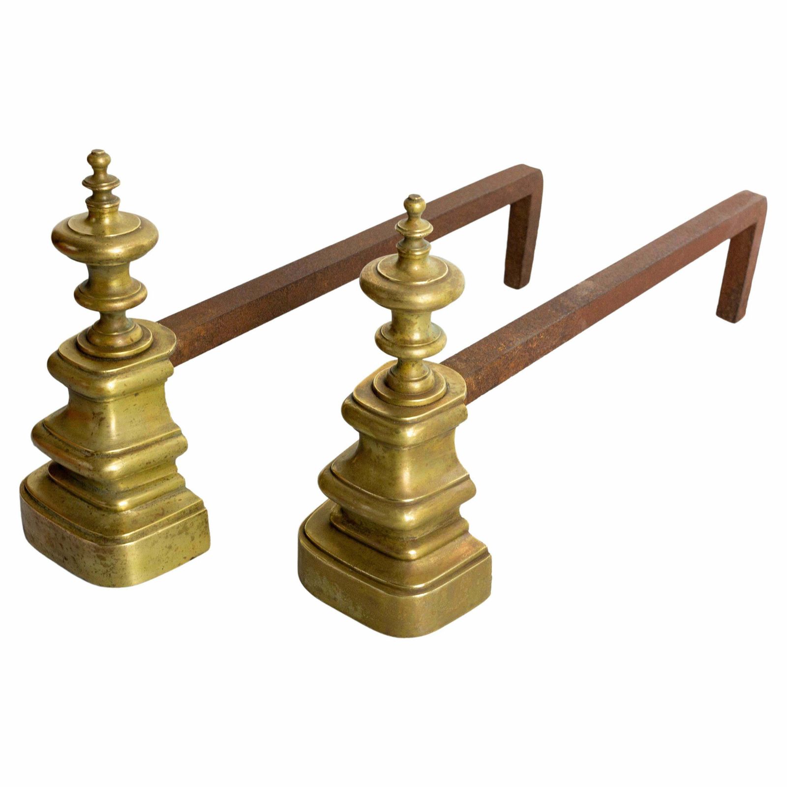 Pair Of Fireplace Andirons Brass & Wrought Iron Firedogs, France, Circa 1900