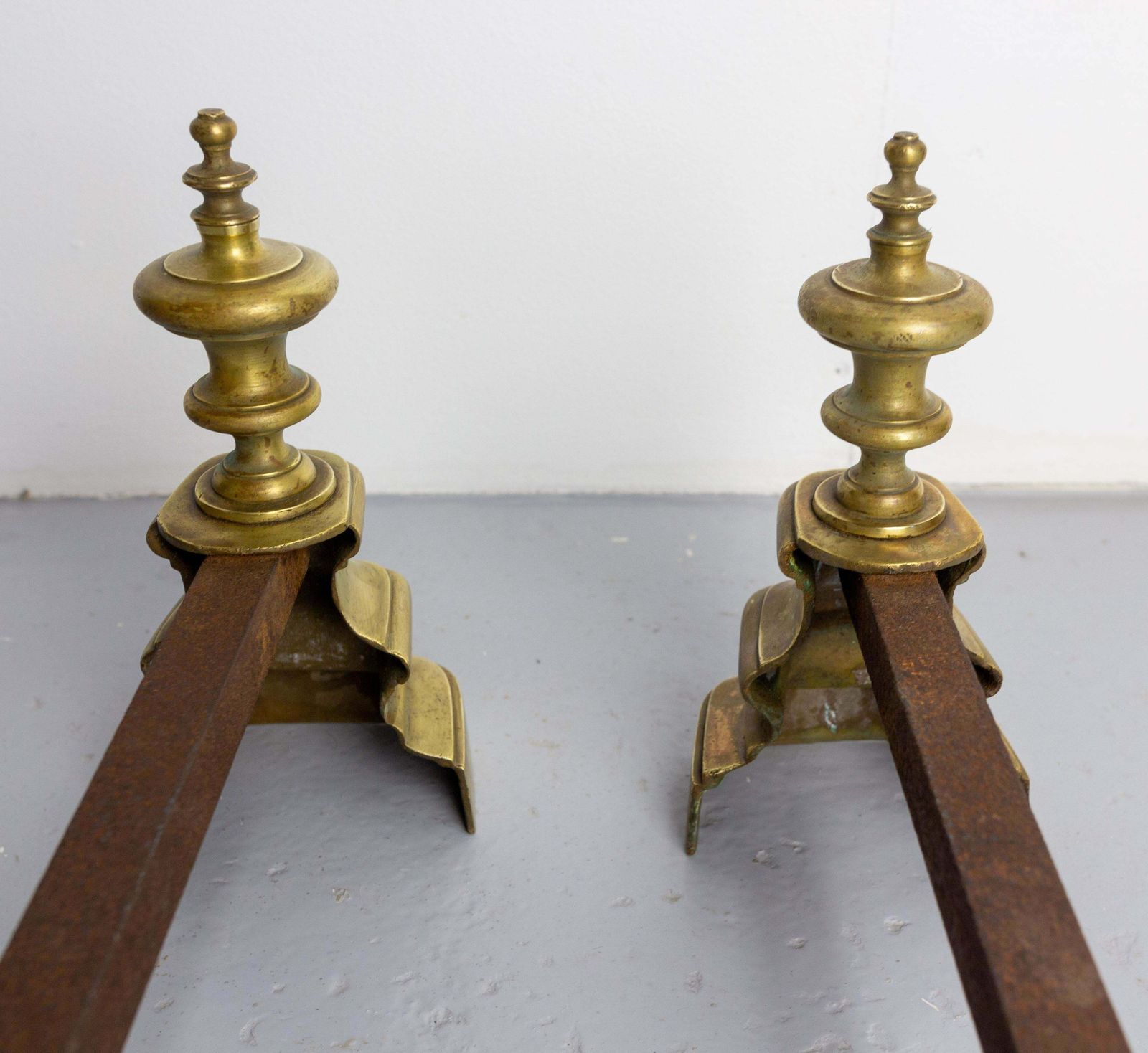 Pair Of Fireplace Andirons Brass & Wrought Iron Firedogs, France, Circa 1900 photo 667.0