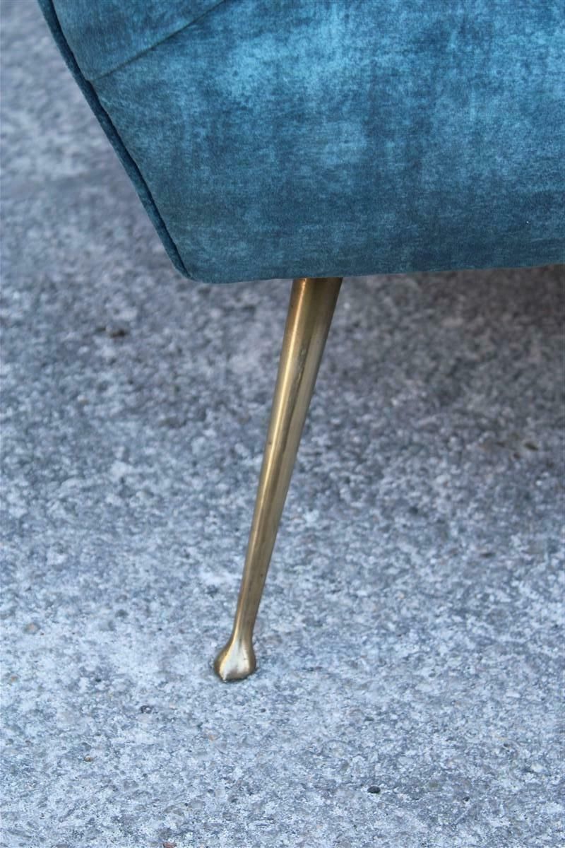 Pair Of Mid Century Italian Armchairs With Brass Feet And Blue Velvet Gio Ponti Style photo for sale