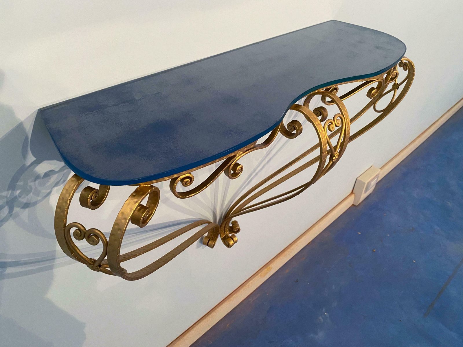 Italian Midcentury Blue Glass Gold Iron Console Table By Pier Luigi Colli photo Furniture