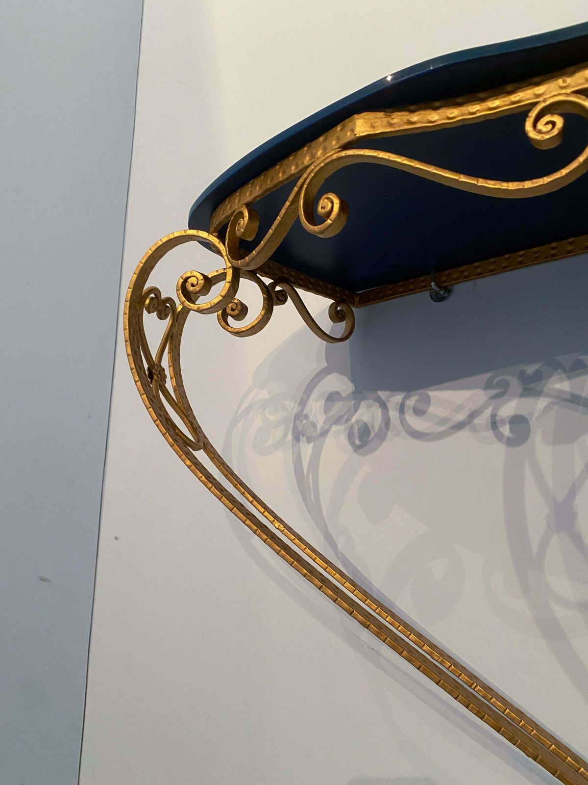 Italian Midcentury Blue Glass Gold Iron Console Table By Pier Luigi Colli photo vinterior