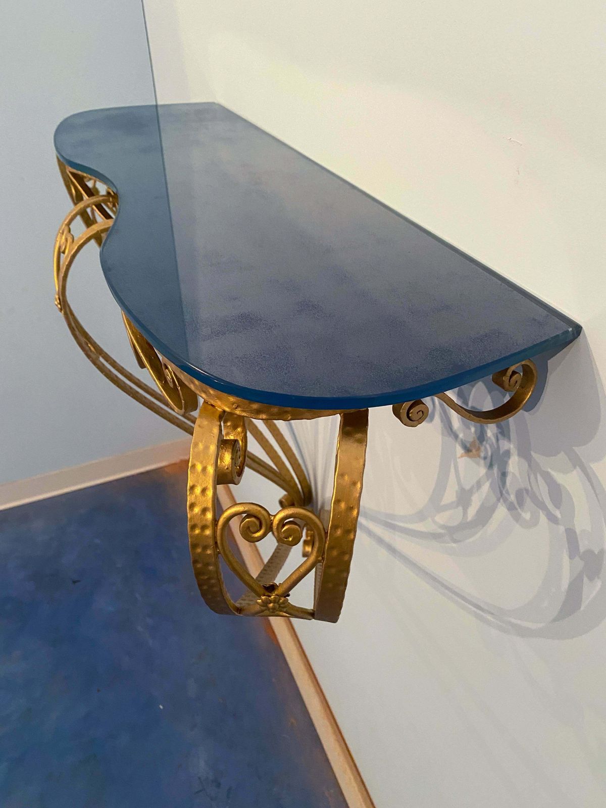 Italian Midcentury Blue Glass Gold Iron Console Table By Pier Luigi Colli photo buy