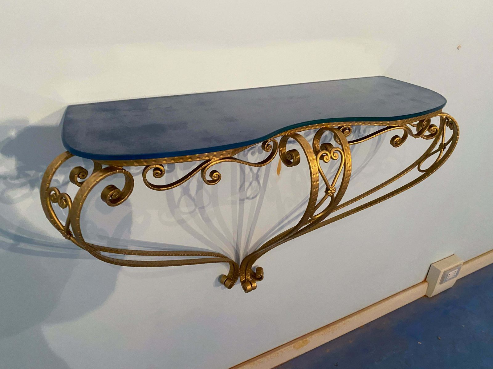 Furniture Italian Midcentury Blue Glass Gold Iron Console Table By Pier Luigi Colli photo