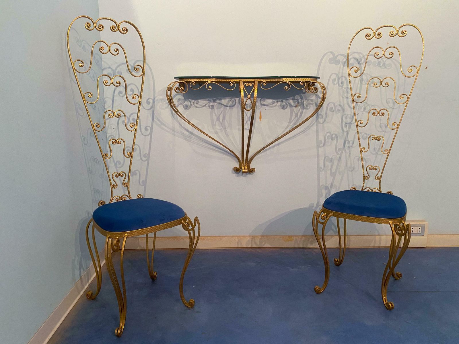 photo buy Italian Midcentury Blue Glass Gold Iron Console Table By Pier Luigi Colli