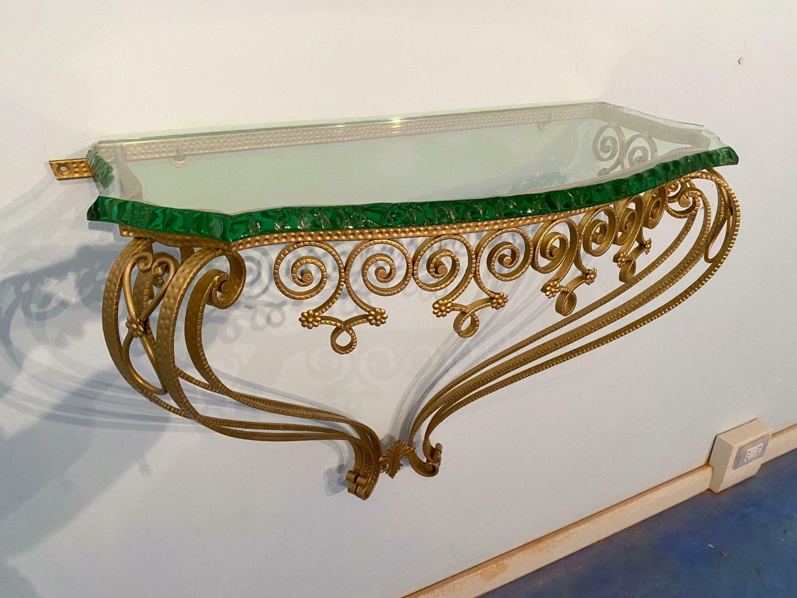 Italian Midcentury Green Crystal Gold Iron Console Table By Pier Luigi Colli photo buy