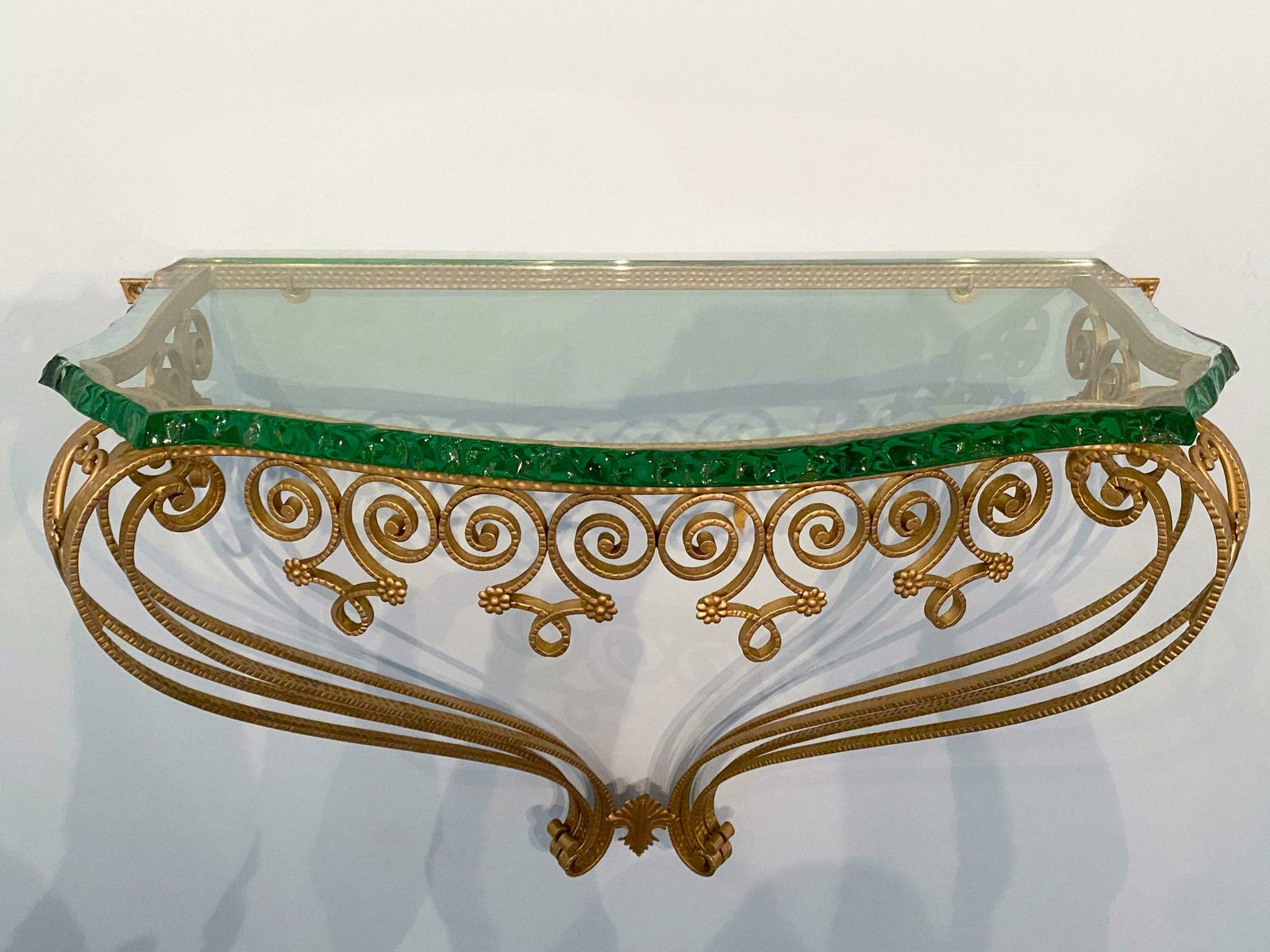 photo buy Italian Midcentury Green Crystal Gold Iron Console Table By Pier Luigi Colli