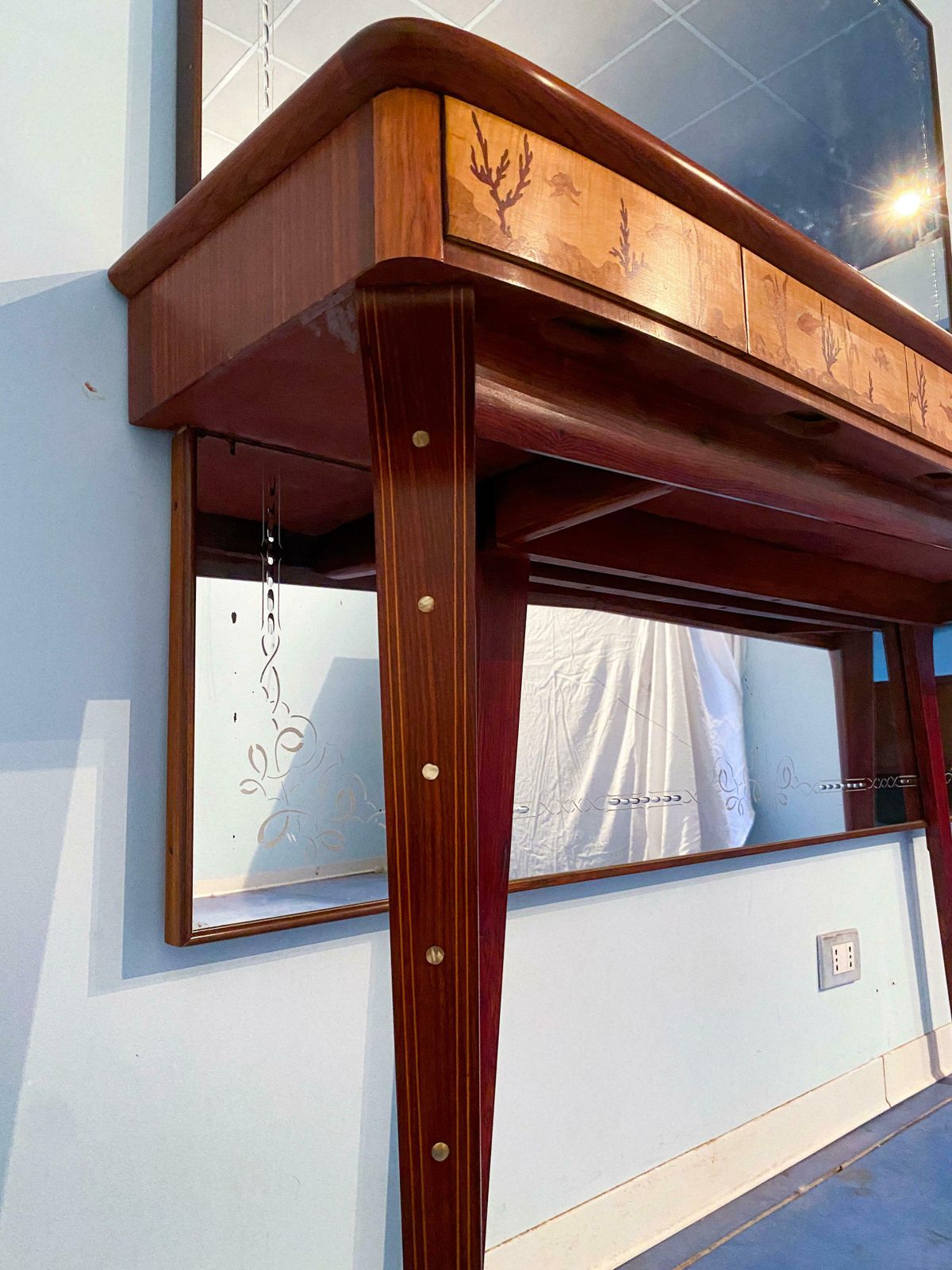 Italian Midcentury Inlaid Console With Mirror By Andrea Gusmai, 1950s photo vinterior