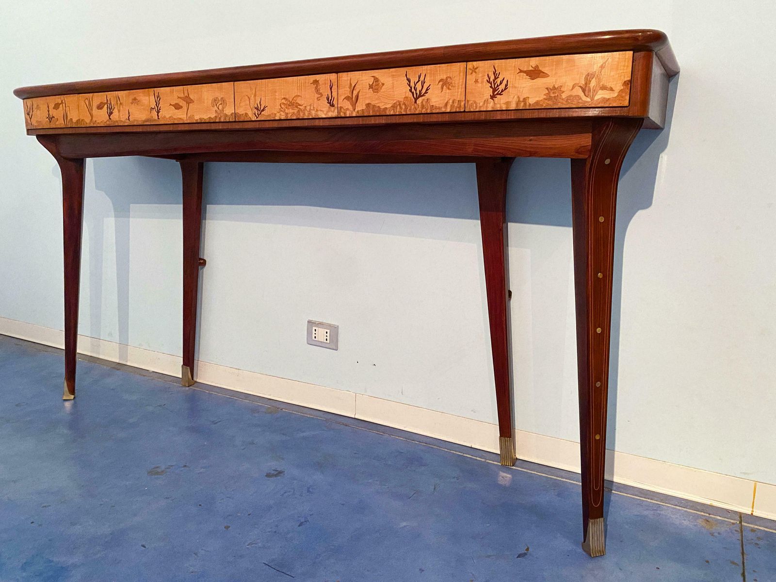 photo vintage Italian Midcentury Inlaid Console With Mirror By Andrea Gusmai, 1950s