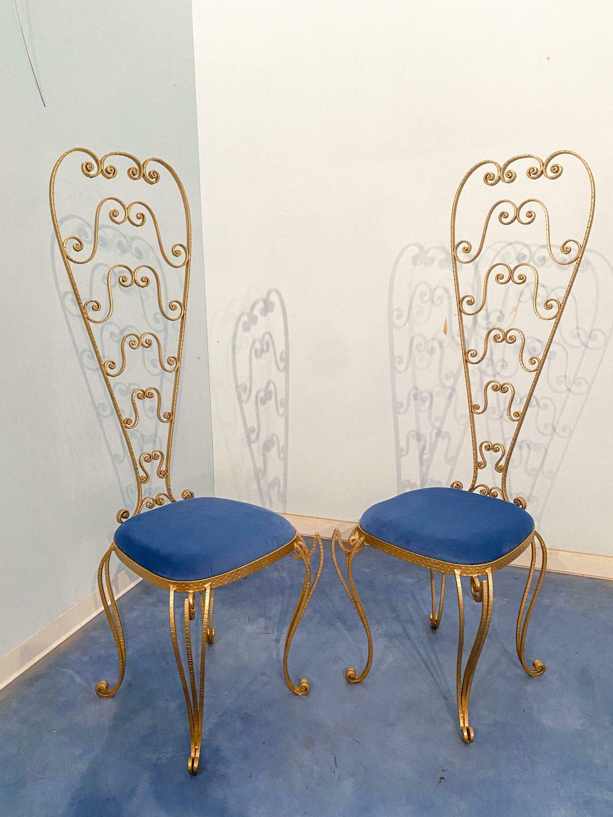 Furniture Pair Of Italian Mid Century Modern Luigi Colli Gold Iron Vanity Chairs, 1950s photo