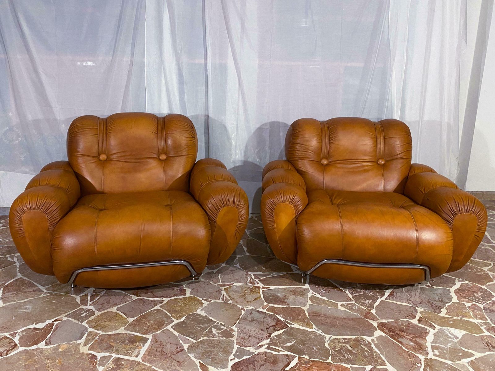 Italian Mid Century Natural Leather Space Age Armchairs, 1970s photo for sale