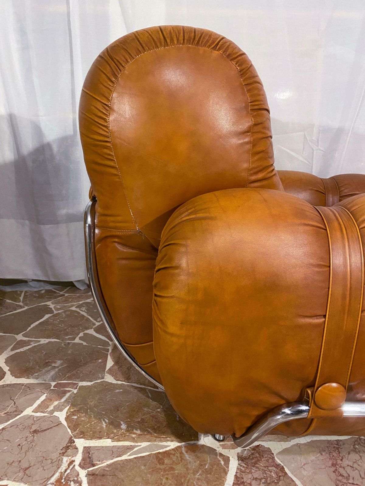 photo for sale Italian Mid Century Natural Leather Space Age Armchairs, 1970s