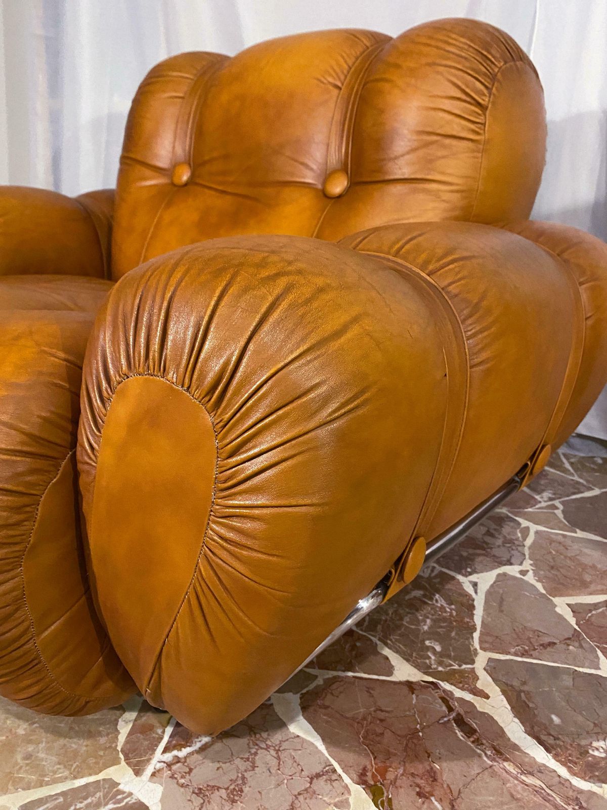 Furniture Italian Mid Century Natural Leather Space Age Armchairs, 1970s photo