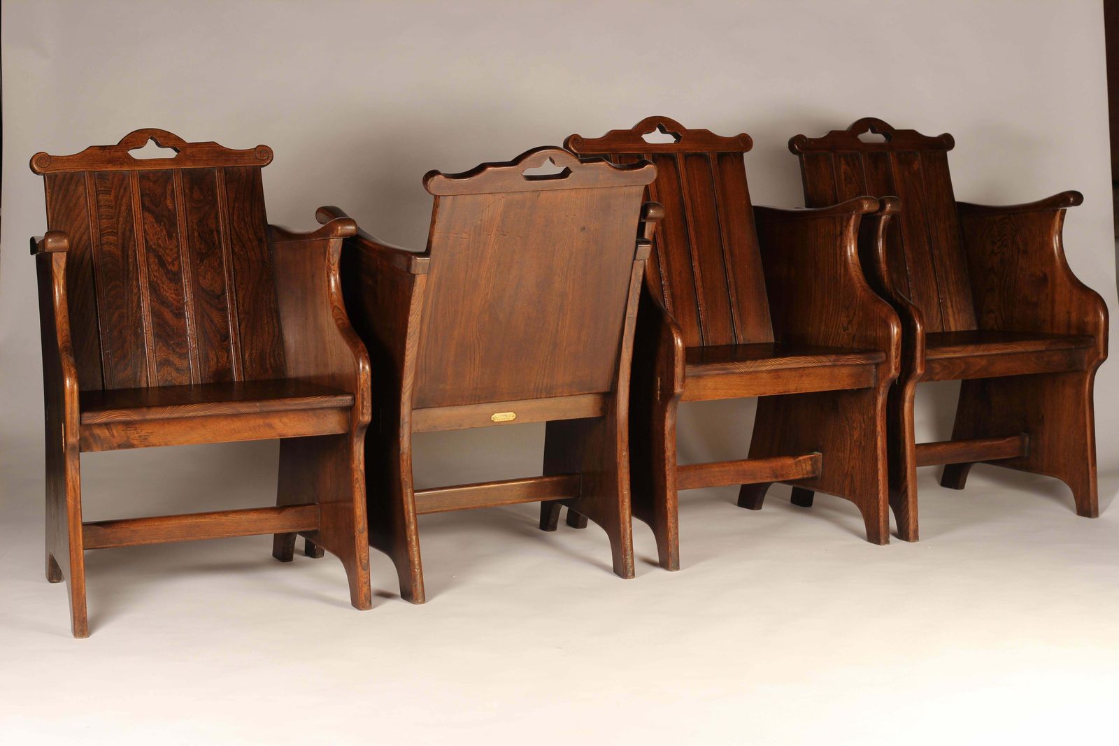 Set Of Elm Tub Arts And Crafts Chairs With Panelled Backs And Carry Handles photo for sale