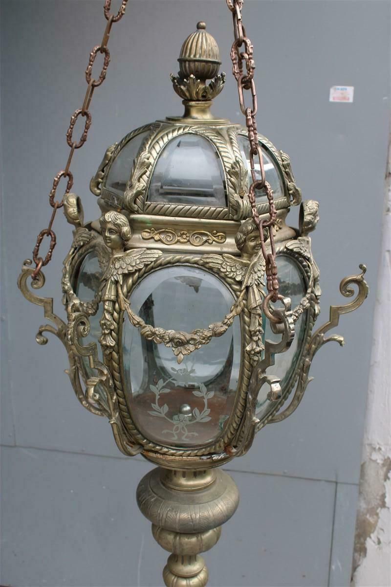 Ancient Baroque Style Lantern In Bronze Fusion With Little Angels Curved Glass photo for sale