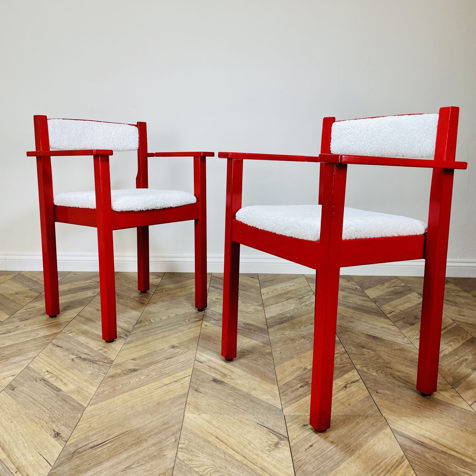 photo for sale Mid Century Red Modernist Armchairs, Circa 1970s, Set Of 2