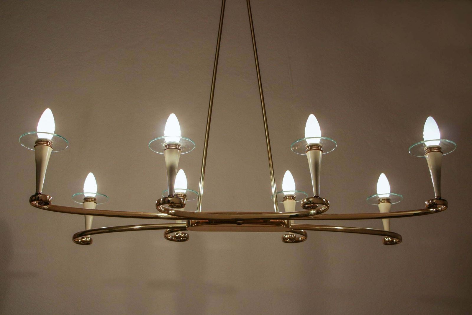 Italian Midcentury Gold And Ivory Color Eight Lights Chandelier, 1950s photo furniture