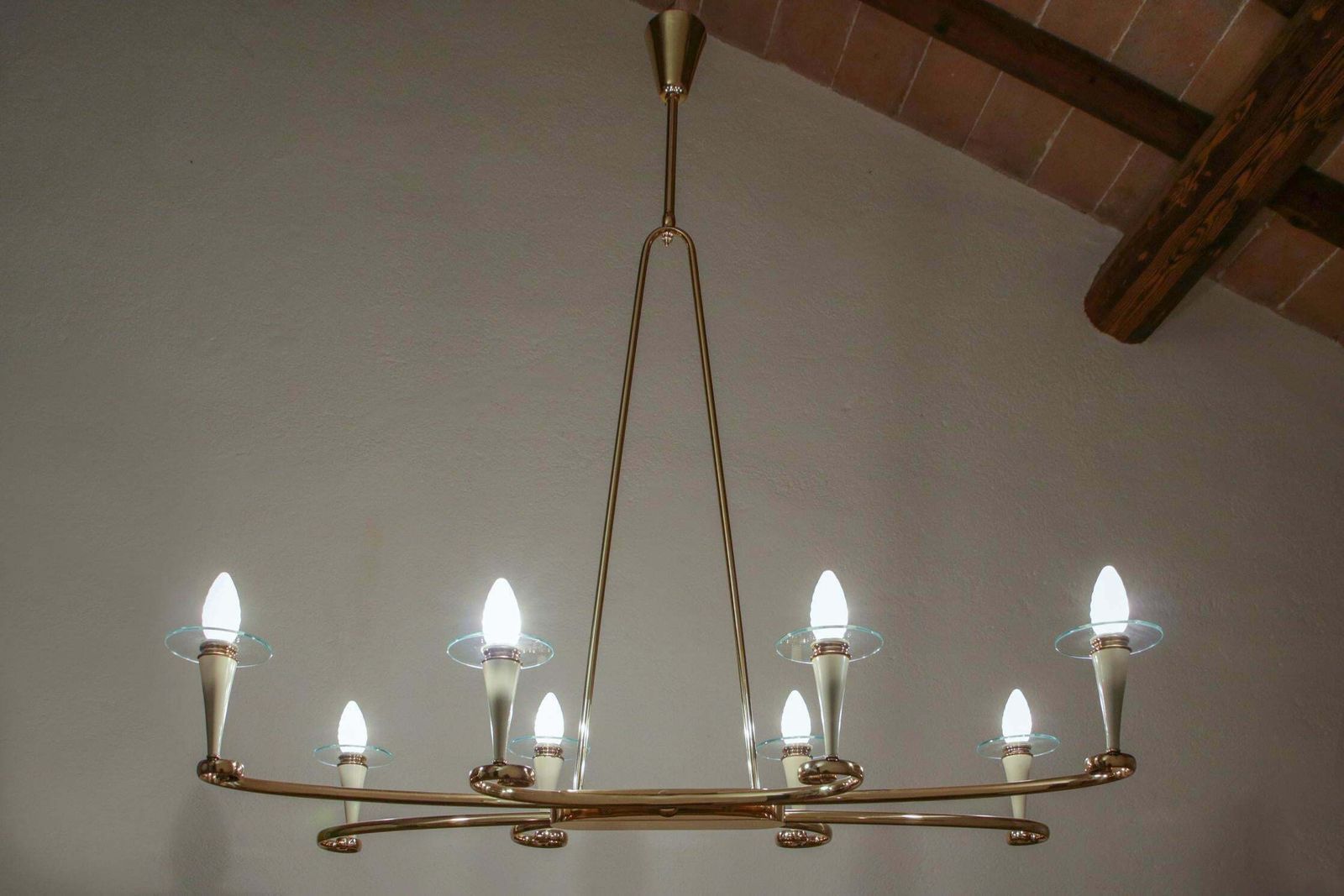 photo furniture Italian Midcentury Gold And Ivory Color Eight Lights Chandelier, 1950s