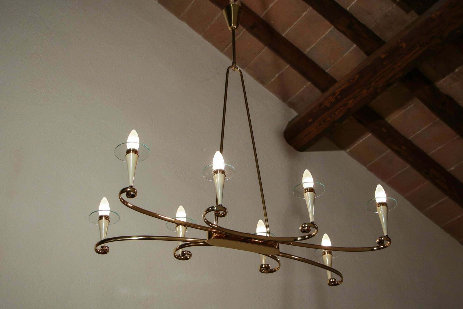 Lighting Italian Midcentury Gold And Ivory Color Eight Lights Chandelier, 1950s photo