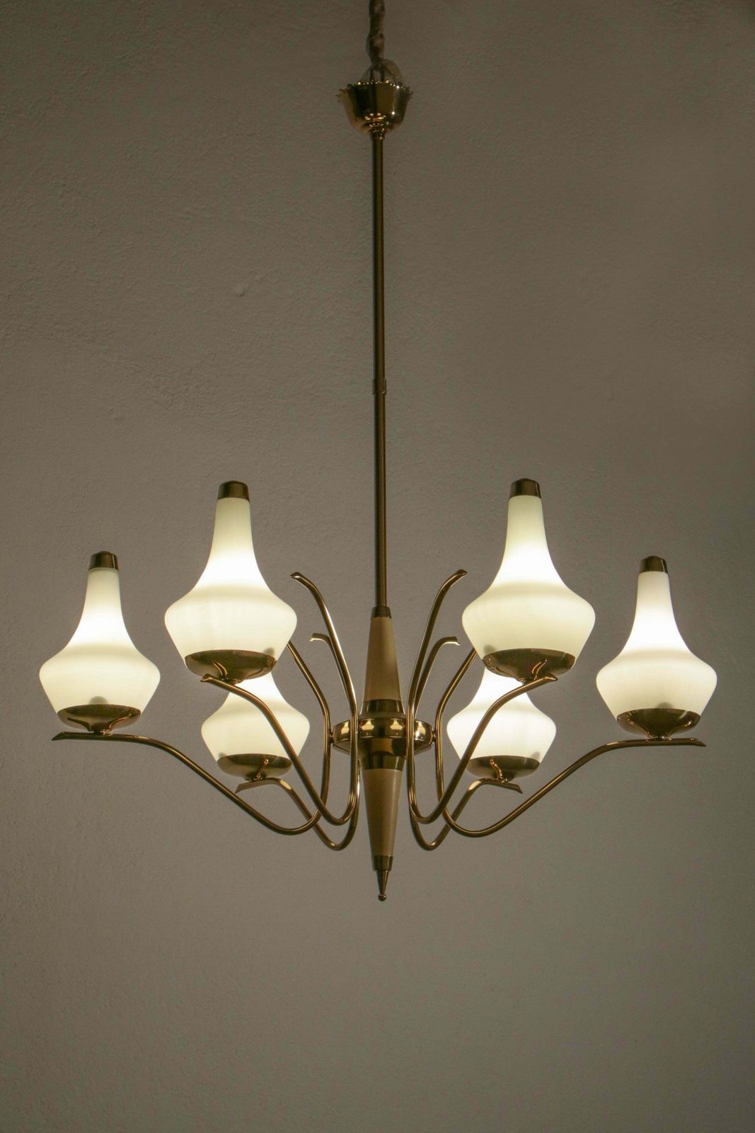 Italian Midcentury Six Lights Gold And Ivory Chandelier Attributed To Stilnovo photo furniture