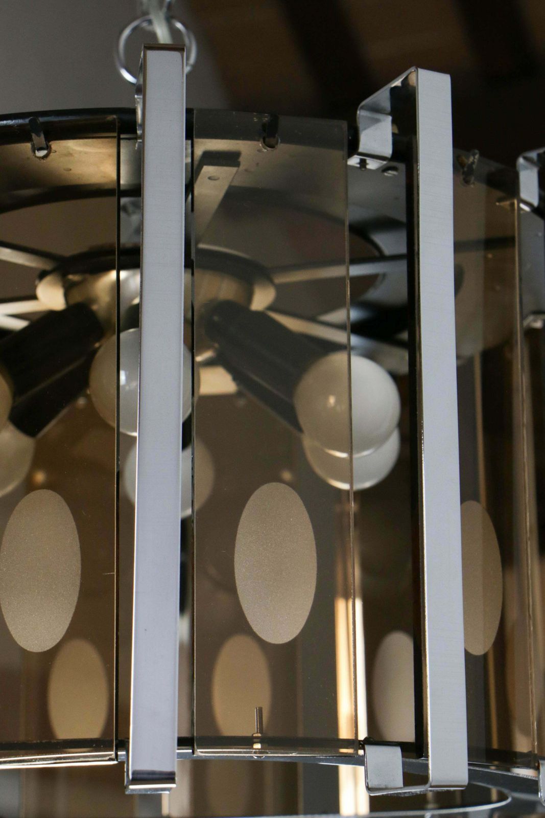 photo furniture Midcentury Six Lights Black And Chromed Chandelier Attributed To Gino Vistosi