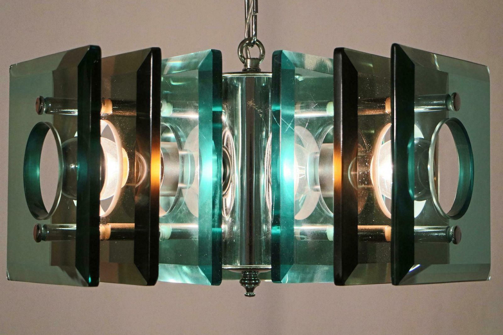 1156.0 Italian Space Age Square Green Color Chandelier By Lupi Cristal Luxor, 1950s photo