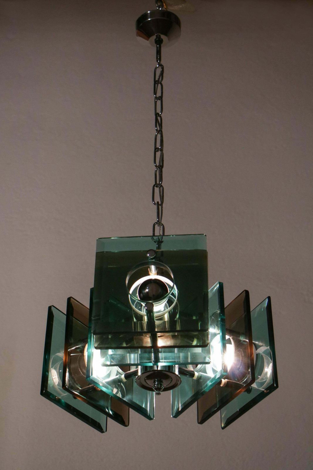 photo vinterior Italian Space Age Square Green Color Chandelier By Lupi Cristal Luxor, 1950s