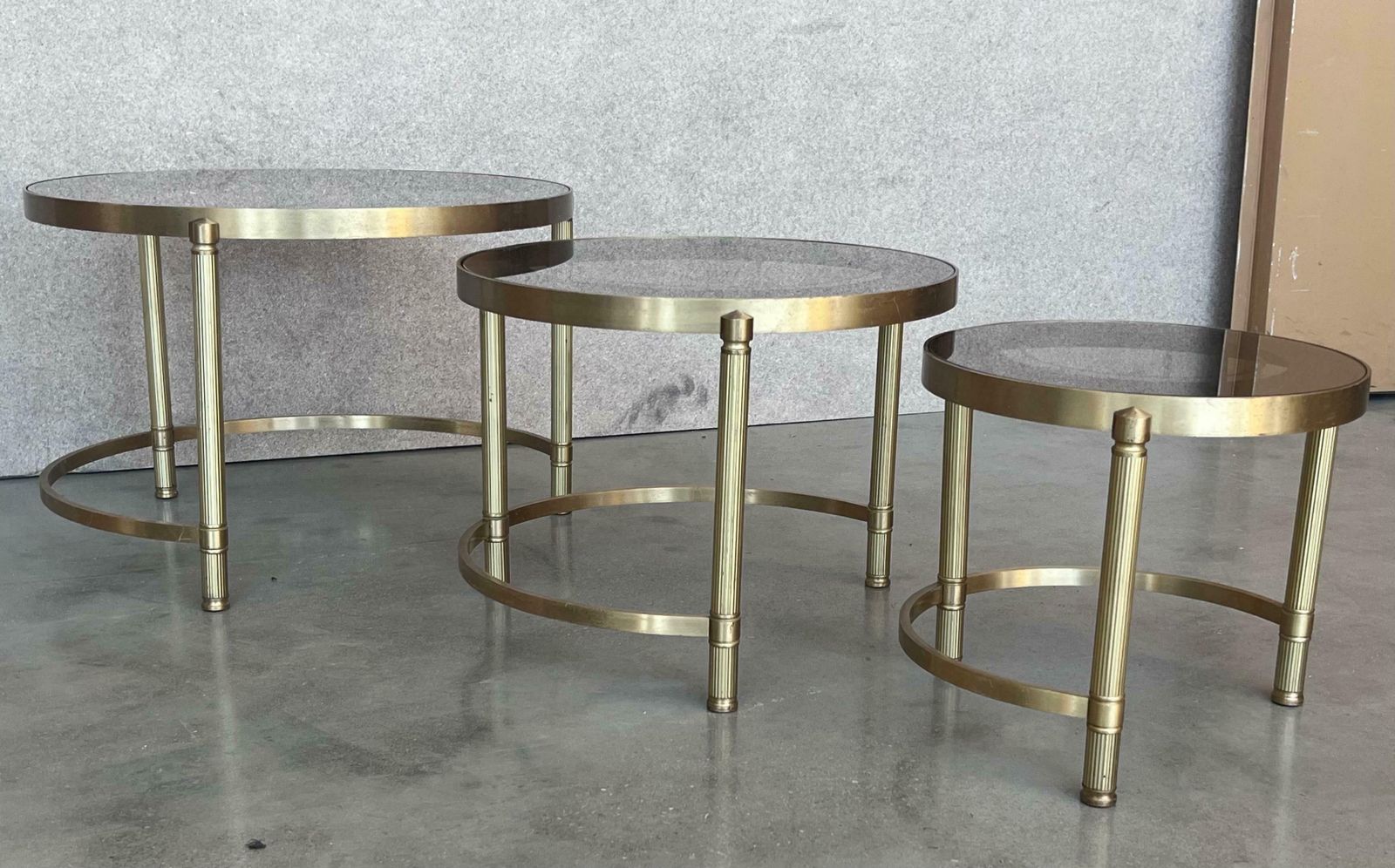 Set Of Three Round Brass Nesting Tables With Smoked Pink Glass Tops photo buy
