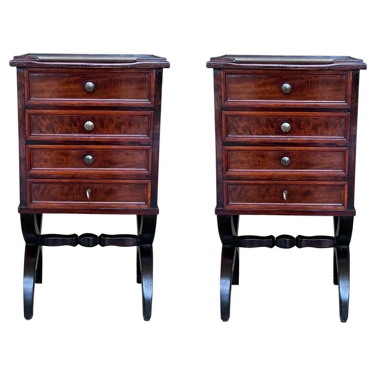 Antique Louis XV French For Drawers Nightstands With Lock, Set Of 2
