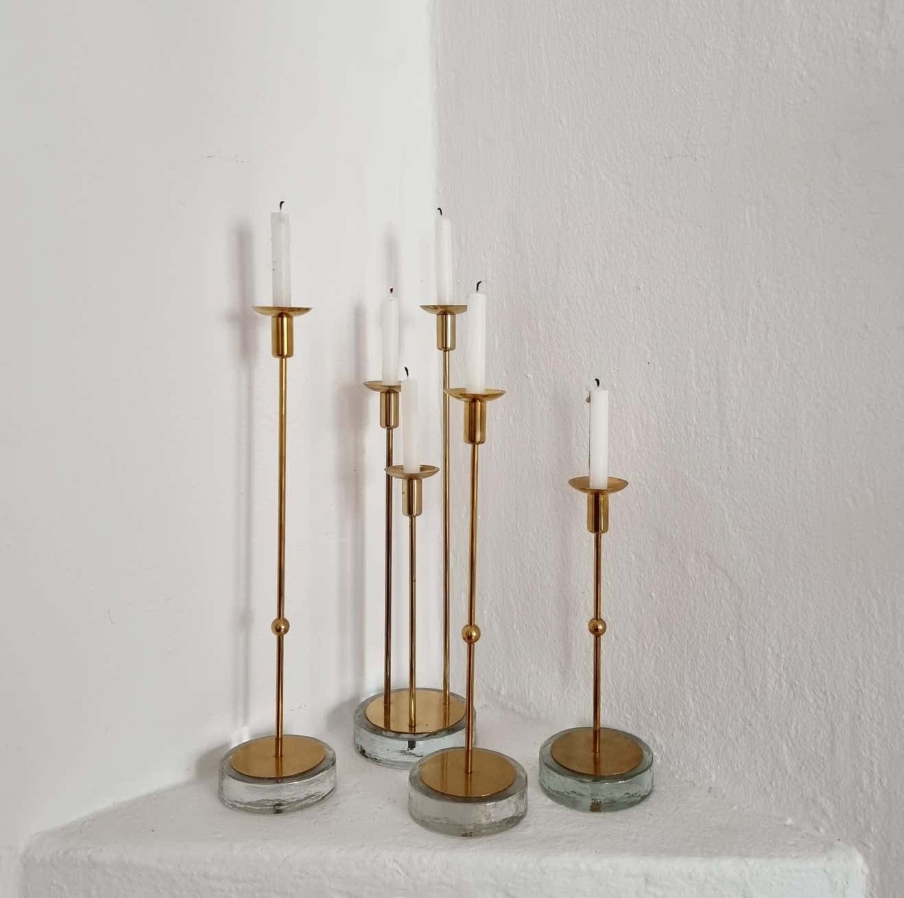 Gunnar Ander, Four Candle Holders, Brass & Glass, Ystad Metall, Swedish Modern photo for sale