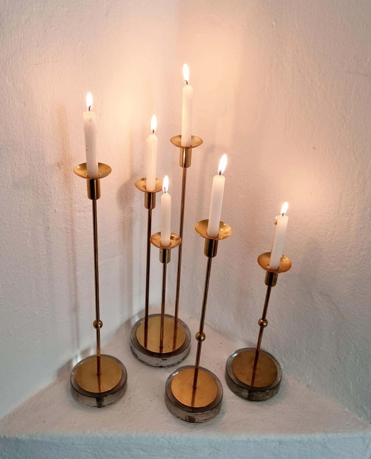 photo for sale Gunnar Ander, Four Candle Holders, Brass & Glass, Ystad Metall, Swedish Modern